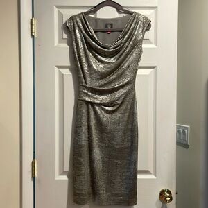 Vince Camuto Women’s Silver Metallic Cowl Neck Drape Party Dress